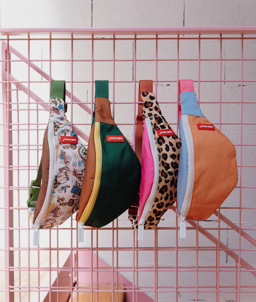 Marsupio bambino rosa leopard zip bianco cinghia arancione Hello Hossy