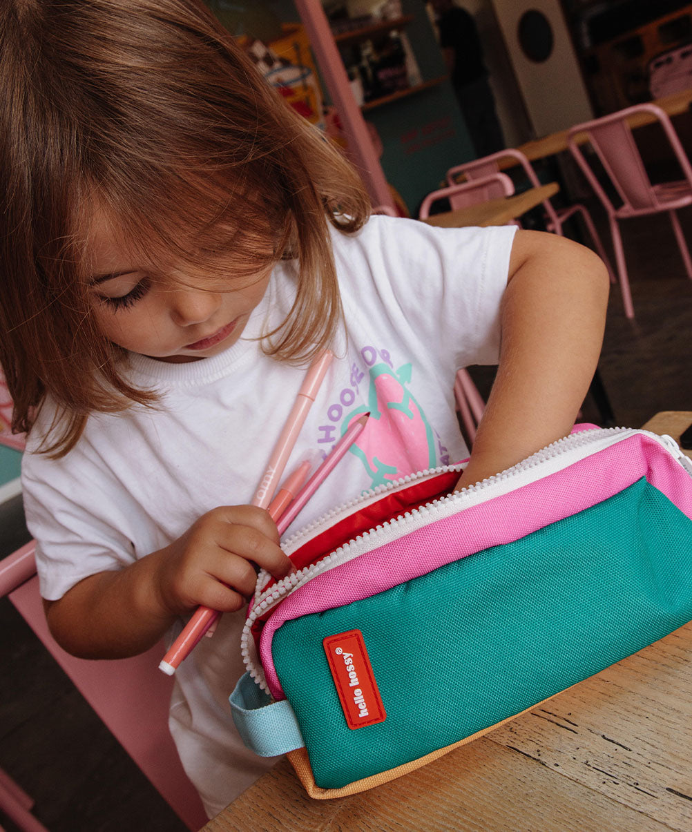 Astuccio scolastico bambino verde rosa interno rosso zip bianco Hello Hossy