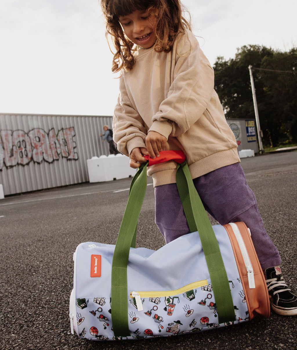 Borsa sportiva bambino blu sport motivo multicolore cinghie verdi Hello Hossy