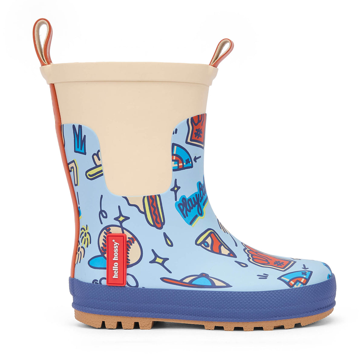 Stivali da pioggia bambino blu con motivo Sport Beige e dettagli rossi Hello Hossy