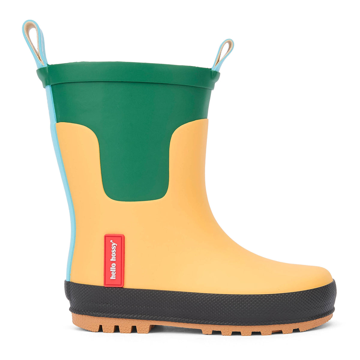 Stivali da pioggia bambino giallo verde suola nera Hello Hossy