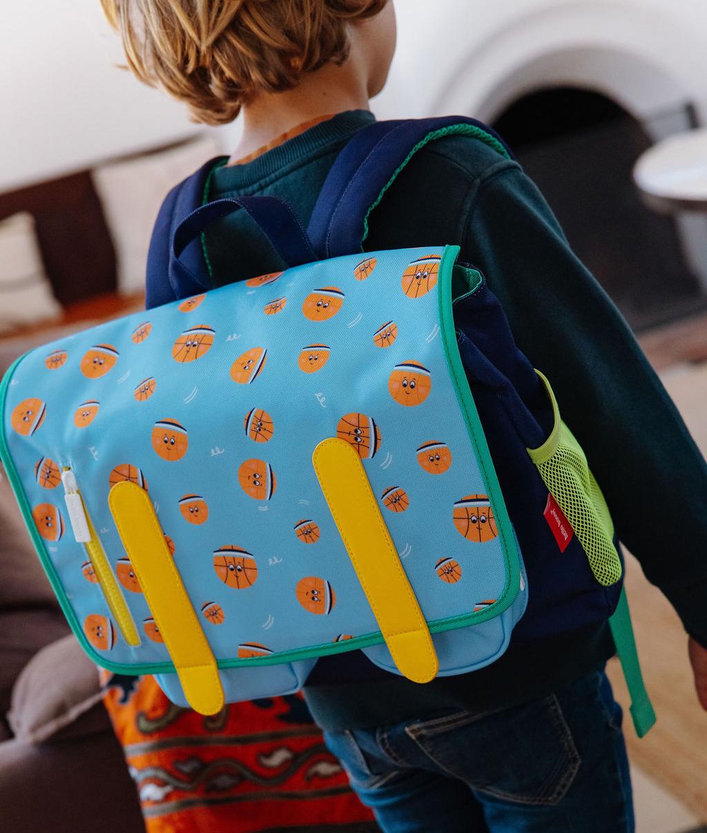 Cartella scolastica bambino blu motivo sport arancione dettagli gialli Hello Hossy