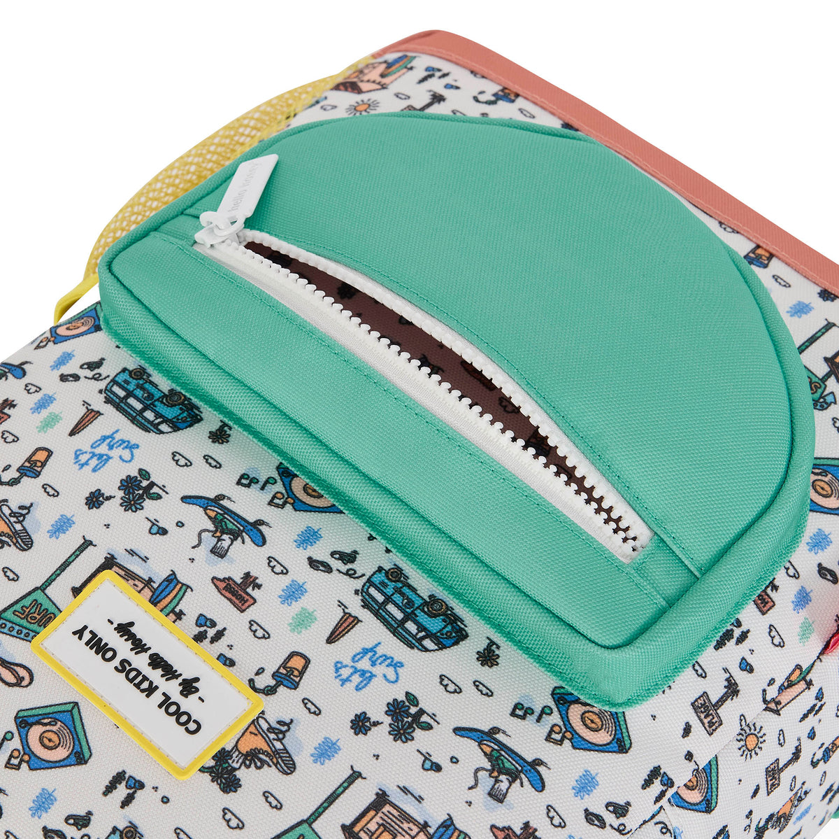 Zaino per bambini bianco con stampa viaggio, tasca verde acqua Hello Hossy