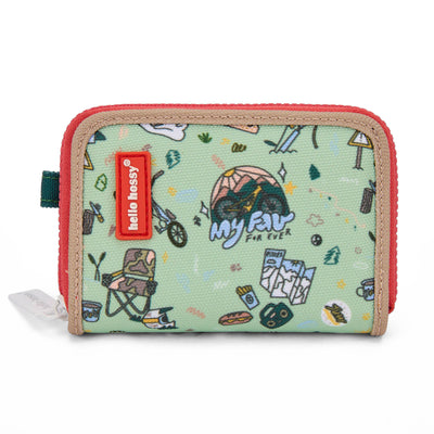 Portamonete bambino verde con motivo viaggio e bicicletta, bordino beige Hello Hossy