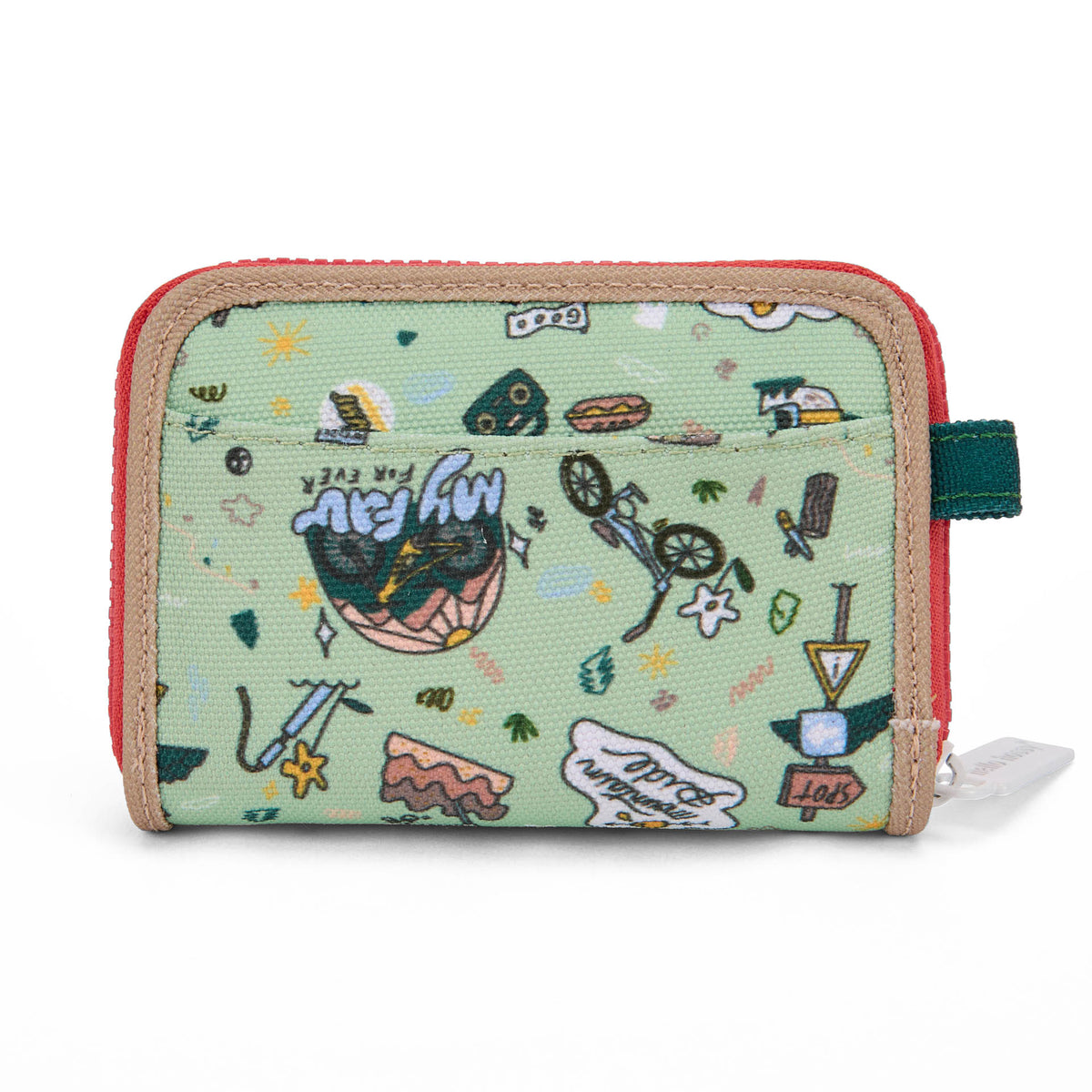 Portamonete per bambini verde con motivo viaggio in bicicletta, bordo Beige e zip Hello Hossy