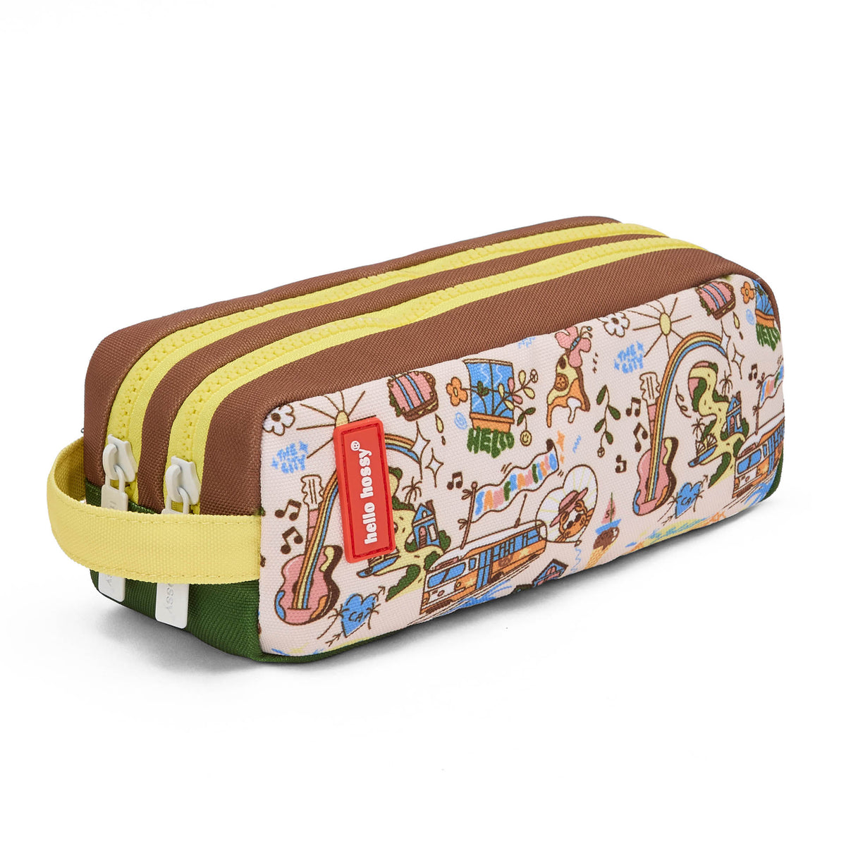 Astuccio scolastico bambino marrone crema motivo viaggio USA doppia zip Hello Hossy