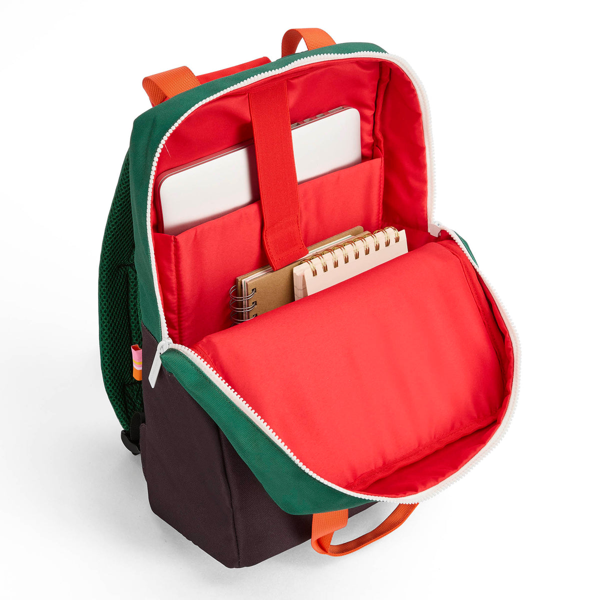 Zaino bambino verde interno rosso manici arancione capiente Hello Hossy