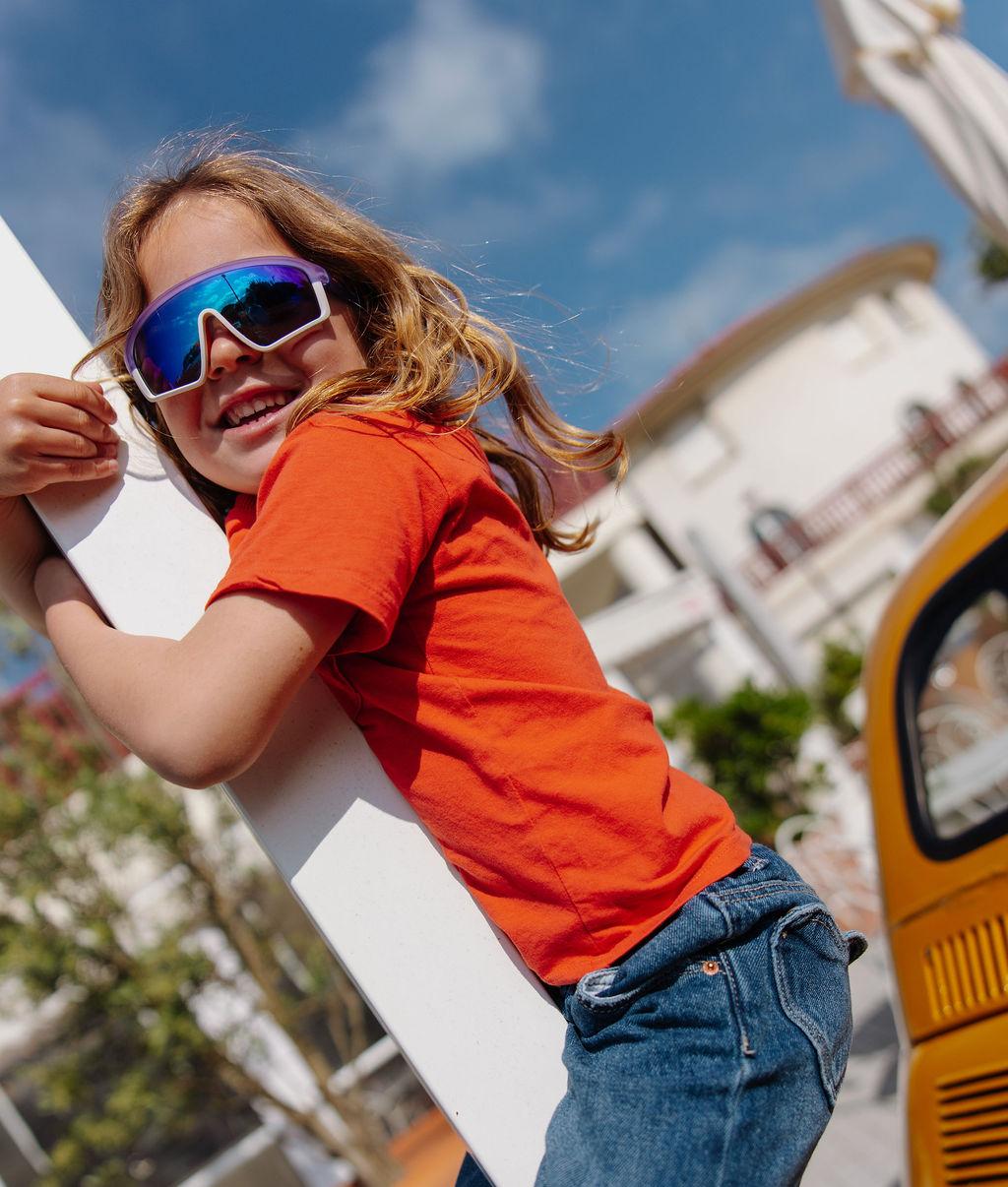 Occhiali da sole bambino viola bianco forma sport specchio Hello Hossy