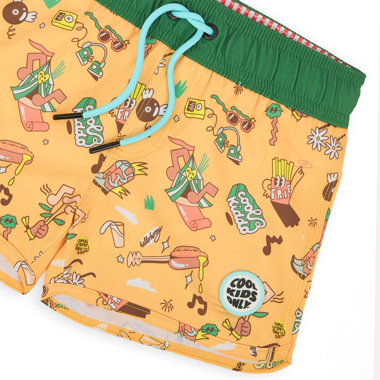 Costume da bagno bambino color cammello, stampa musica, patch rotondo, Cool Kids Only, Hello Hossy