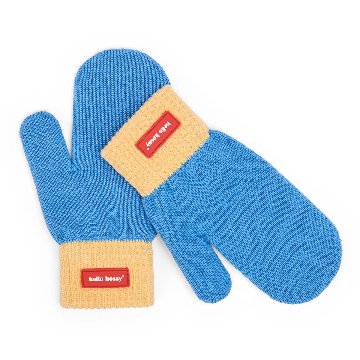 Muffole blu beige da bambino con etichetta rossa Hello Hossy