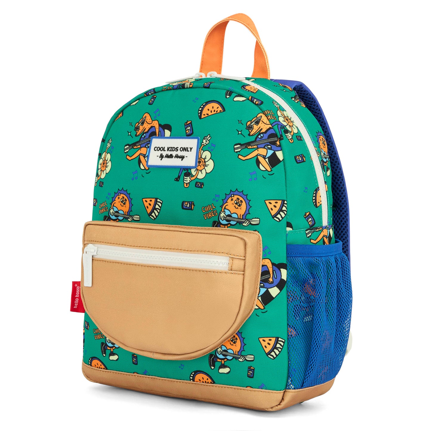 Zaino bambino verde con stampa di animali e tasca beige Hello Hossy