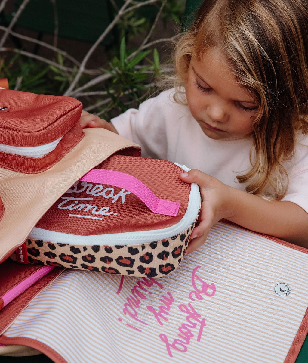 Borsa pranzo bambino crema marrone motivo leopard dettagli rosa Hello Hossy