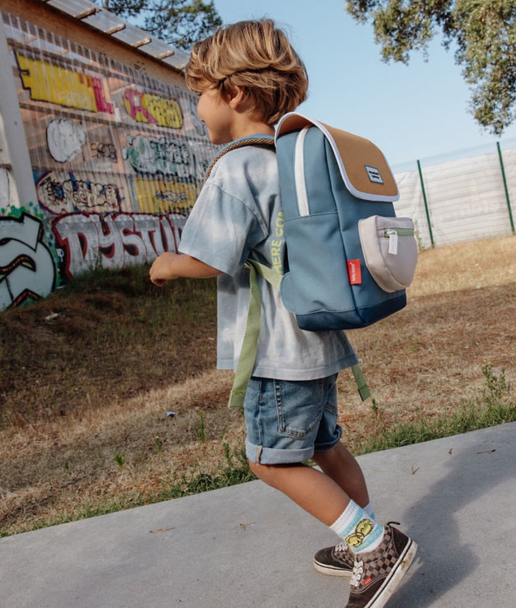 Zaino bambino blu patta cammello tasca anteriore Beige Hello Hossy