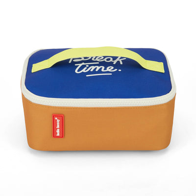 Borsa pranzo bambino blu e Beige con manici gialli e testo ricamato Hello Hossy