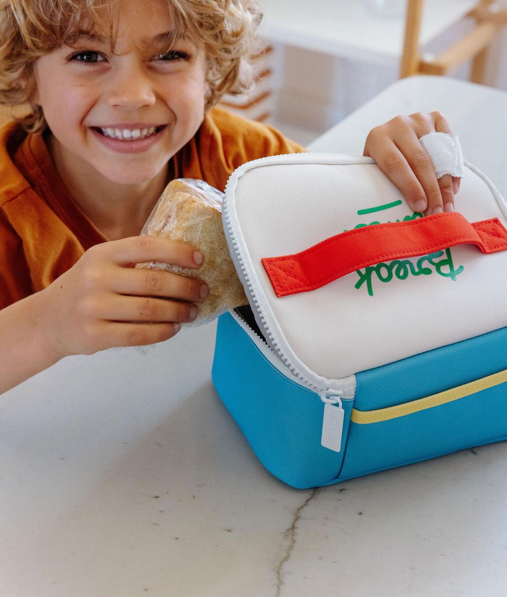 Borsa pranzo bambino blu manico rosso motivo testo Hello Hossy