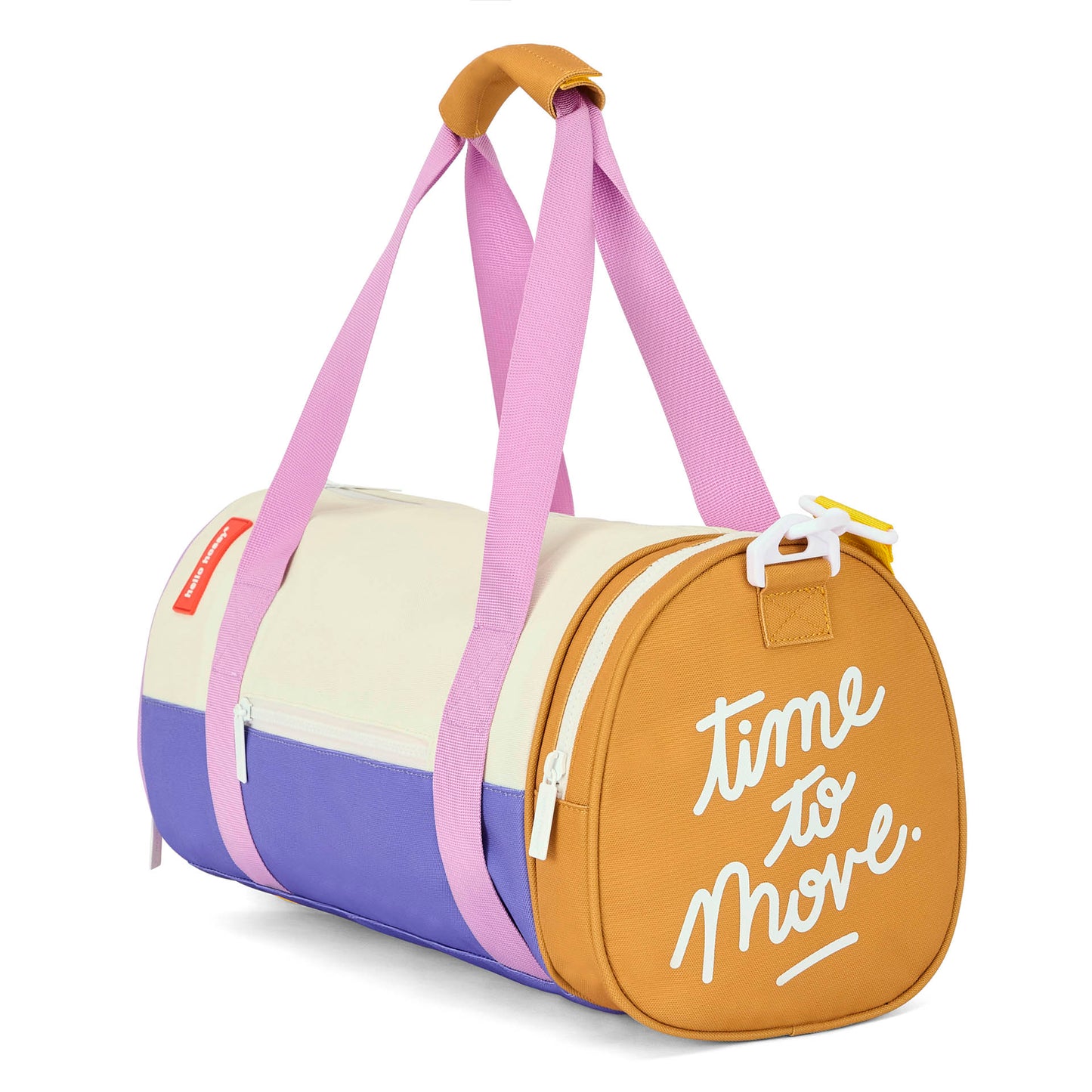 Borsa sportiva bambino beige viola cammello scritta bianca Hello Hossy