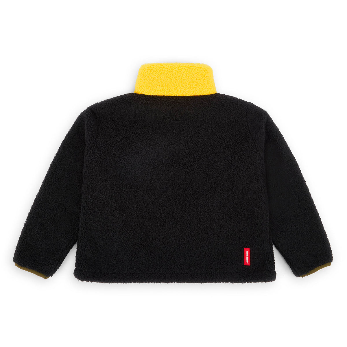 Giacca in pile per bambini nera, colletto giallo, dettaglio rosso Hello Hossy