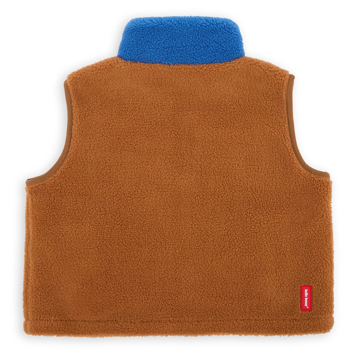 Gilet in pile per bambini color cammello con colletto blu, collezione Autunno-Inverno Hello Hossy