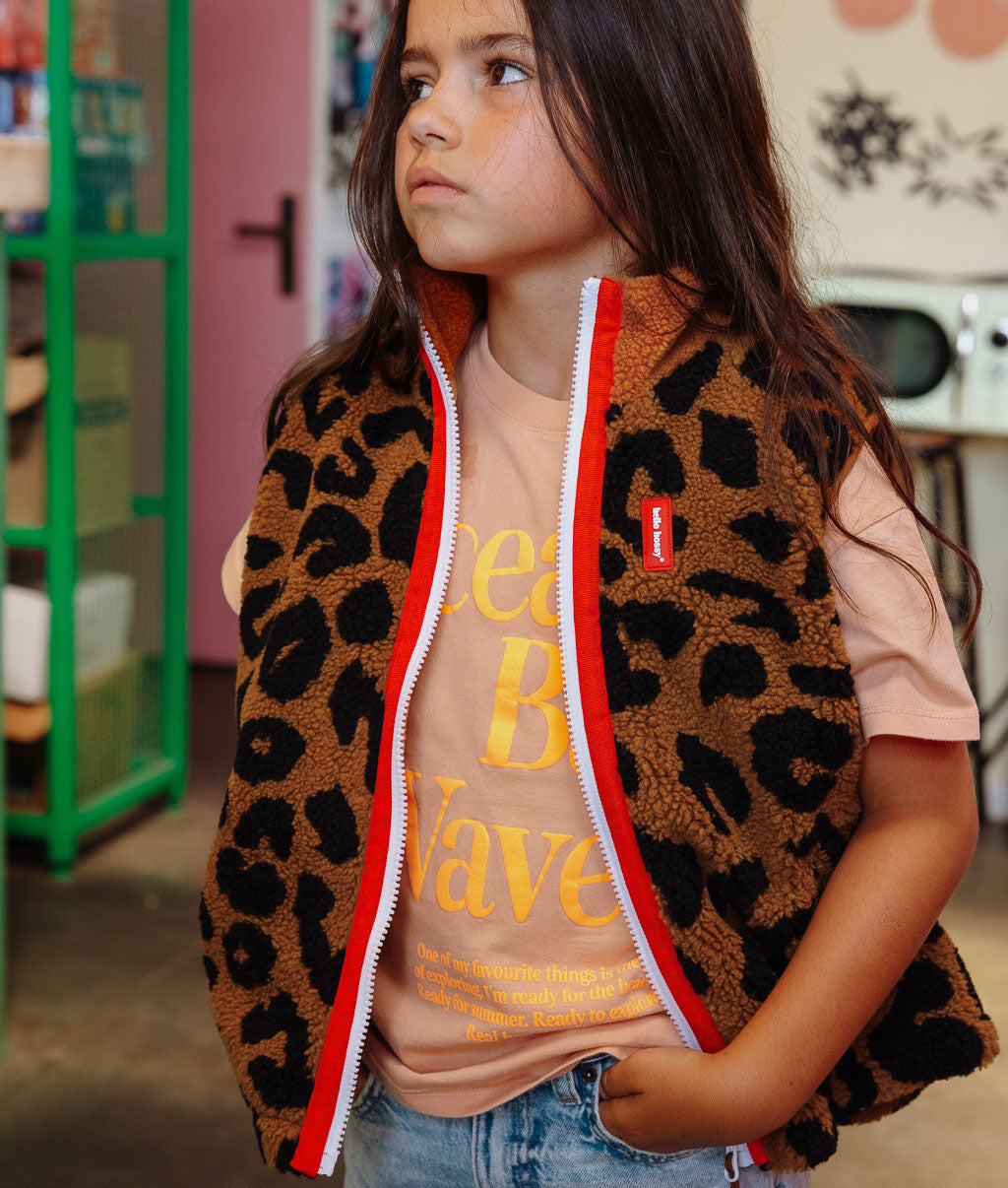 Gilet in pile bambino marrone motivo leopard zip rosso Hello Hossy