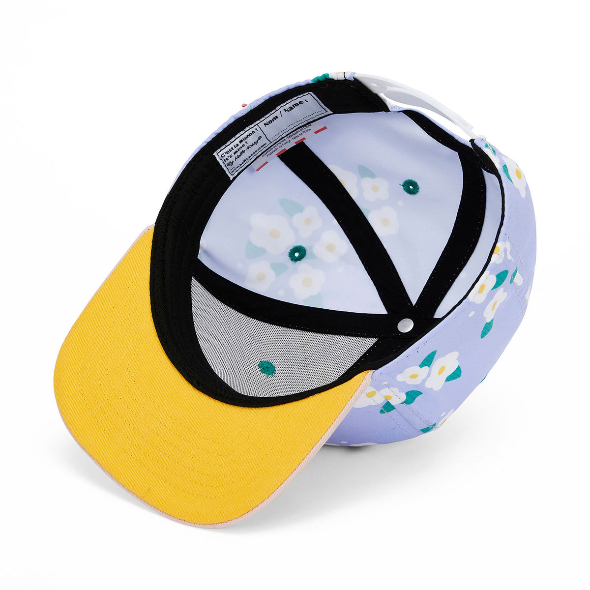 Cappellino per bambini con stampa fiori viola e visiera piatta gialla Hello Hossy