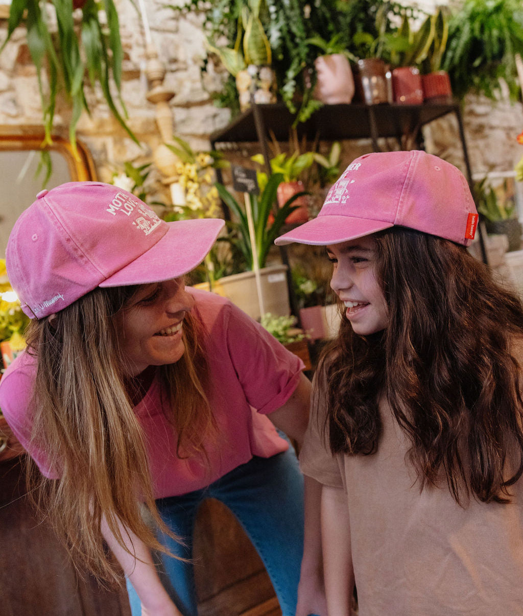 Duo mamma bambino cappellini rosa ricamati visiere curve Hello Hossy