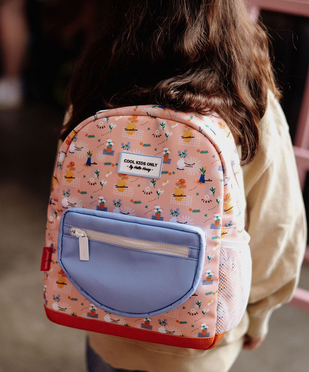Zaino per bambini rosa con stampa a fiori, tasca blu, Hello Hossy