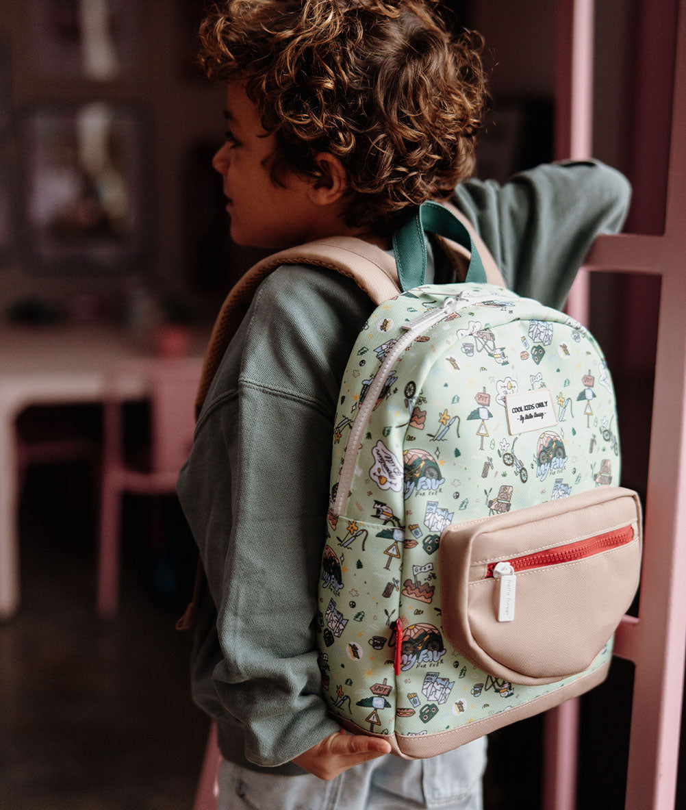 Zaino per bambini verde con stampa viaggio in bicicletta e tasca Beige Hello Hossy