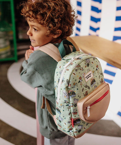 Zaino bambino verde con motivo viaggio e bicicletta, tasca beige Hello Hossy