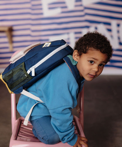 Zaino per bambini blu con tasca in rete nera e chiusura bianca Hello Hossy