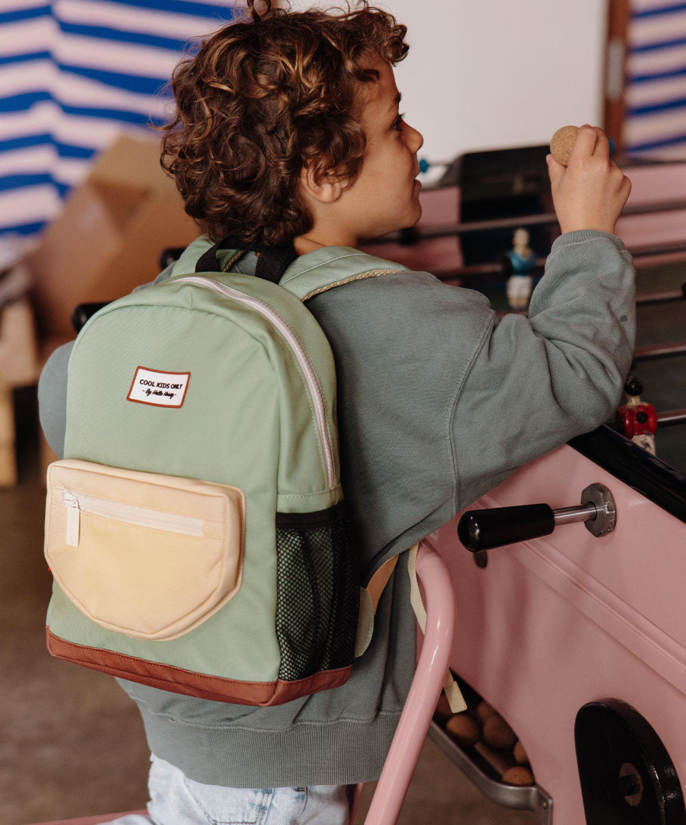 Zaino bambino verde tasca Beige rete nero base marrone patch Cool Kids Only Hello Hossy