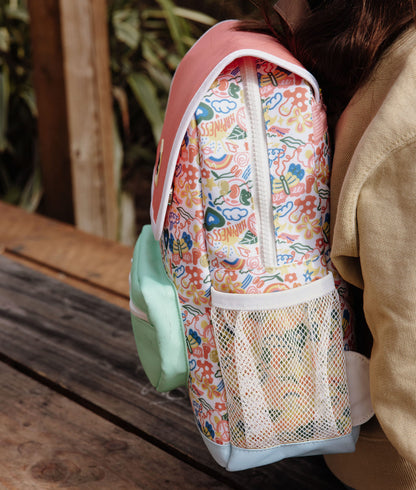 Zaino per bambini bianco e rosa con motivo floreale e tasca in rete Hello Hossy