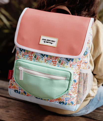 Zaino per bambini stampato arte, fiori rosa e bianchi, tasca color menta Hello Hossy