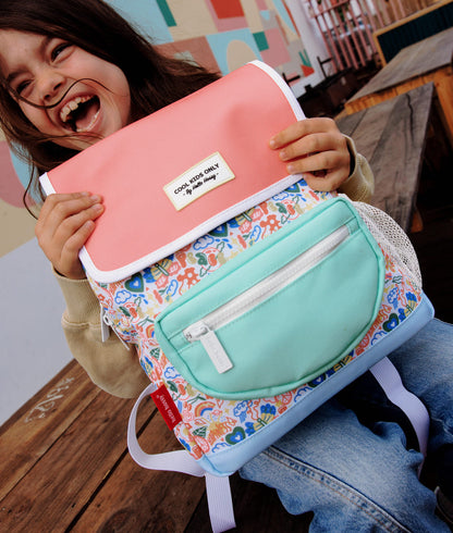 Zaino bambino motivi floreali multicolore patta corallo tasca verde Hello Hossy