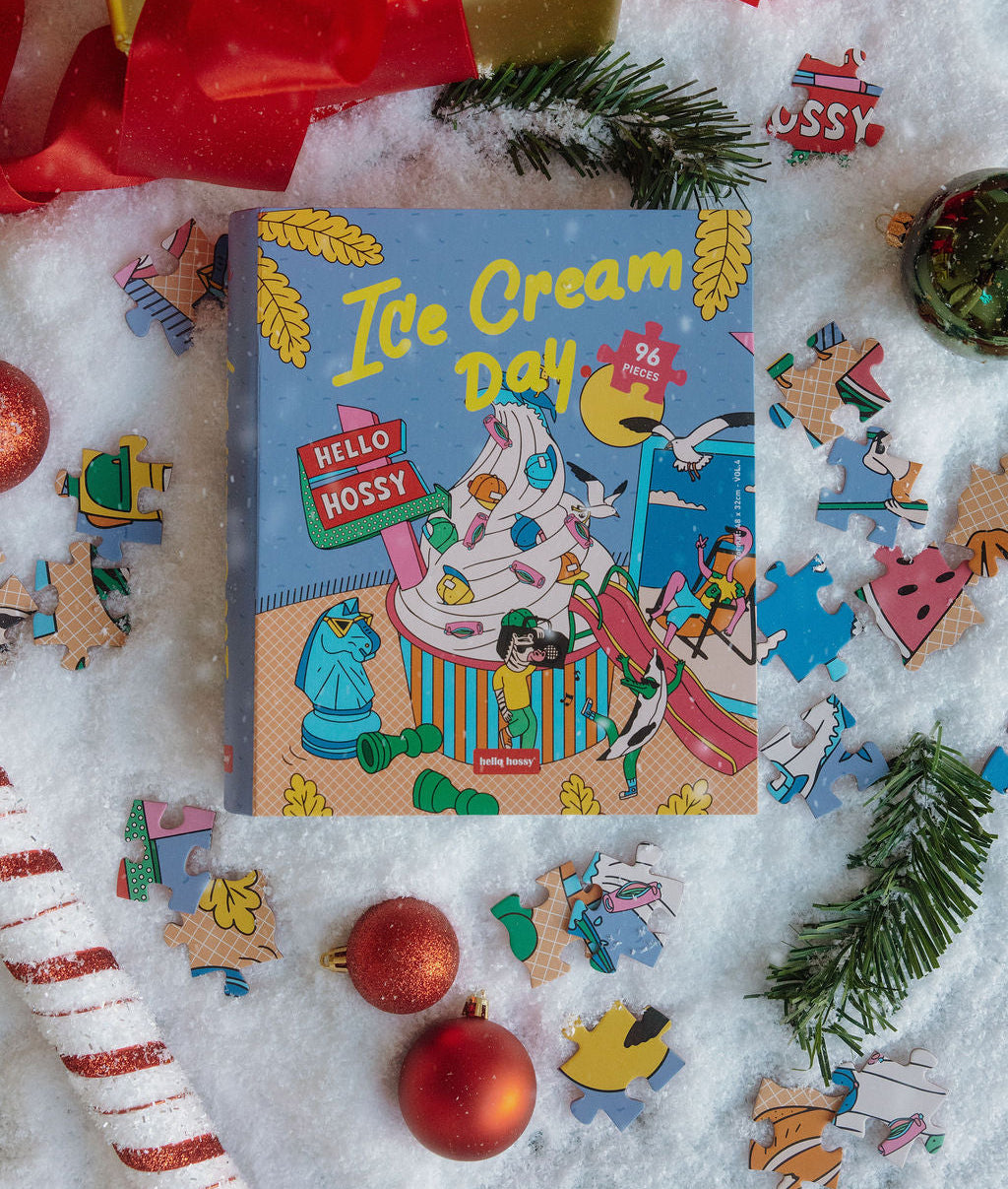 Puzzle per bambini da 96 pezzi, scatola colorata a forma di libro, illustrazione di gelati Hello Hossy