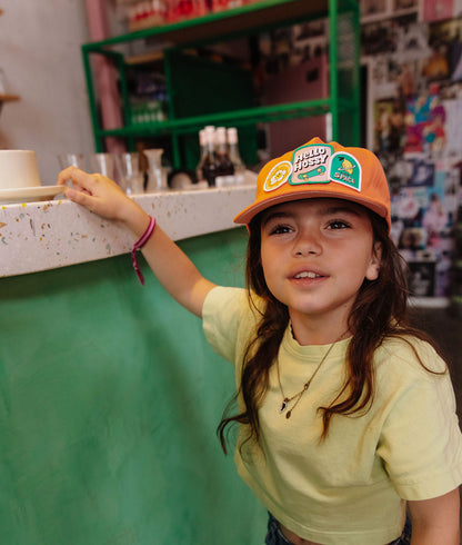 Cappellino da bambino arancione con visiera curva, patch skate Hello Hossy