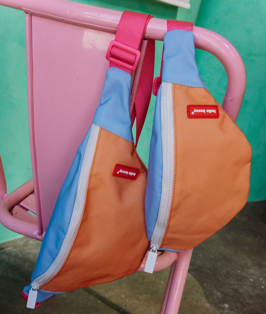 Marsupio bambino bicolore blu arancione zip bianco cinghia rosa Hello Hossy