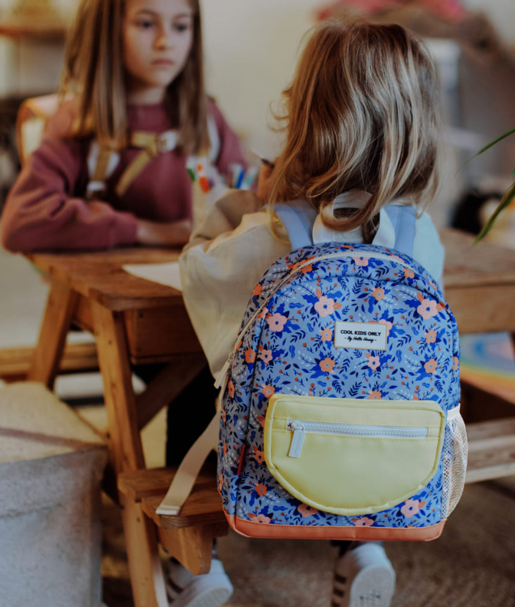 Zaino per bambini blu, motivo fiori, tasca gialla Hello Hossy