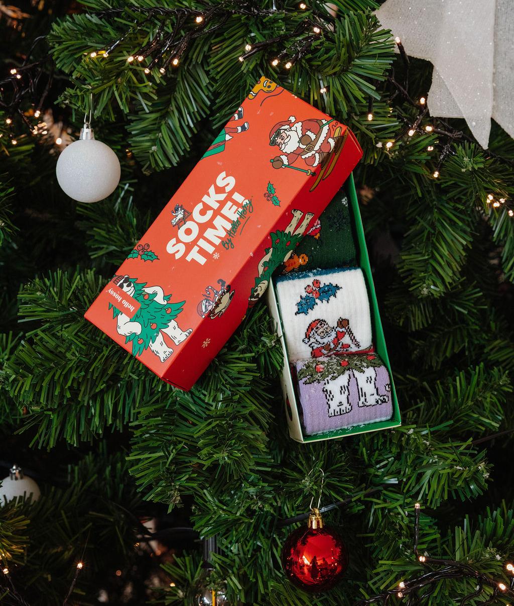 Set di calzini bambino motivi di Natale confezione rossa e calzino illustrato Hello Hossy