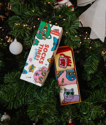 Set di calzini per bambini con motivo gatti colorati in una scatola illustrata Hello Hossy