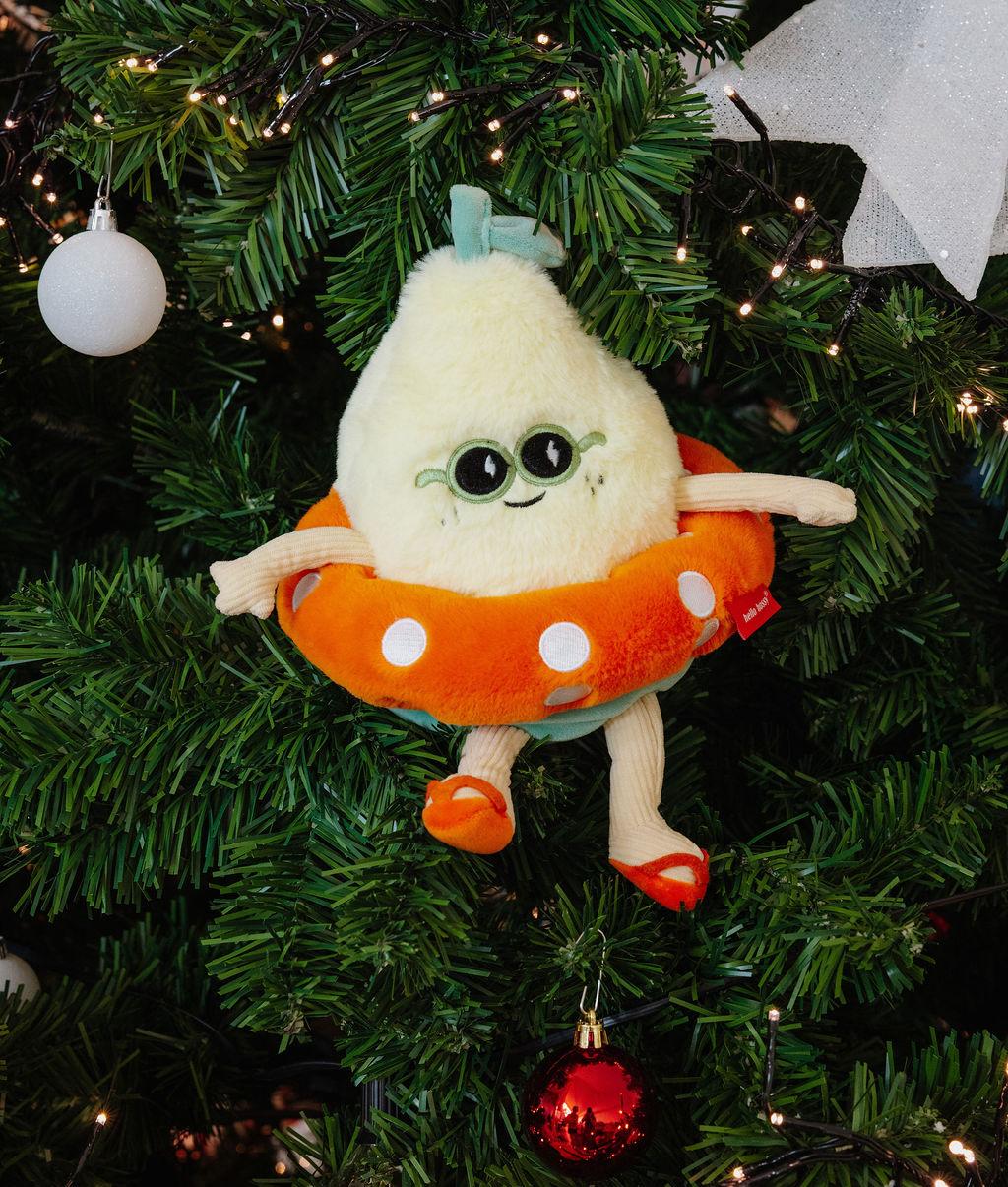 Peluche bambino giallo a forma di limone con salvagente arancione e occhiali da sole Hello Hossy