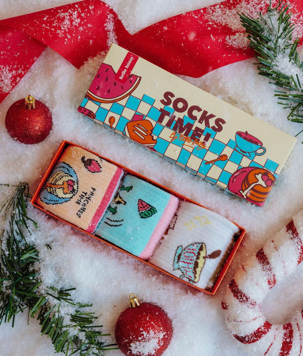 Set di calzini bimbo tre paia colorate motivi Food in confezione regalo Hello Hossy