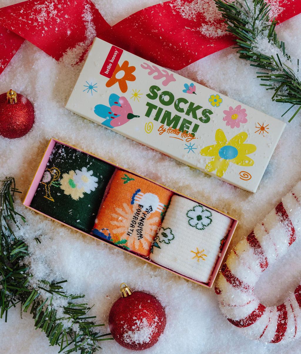 Set di calzini bambino motivi a fiori colorati in confezione regalo Hello Hossy
