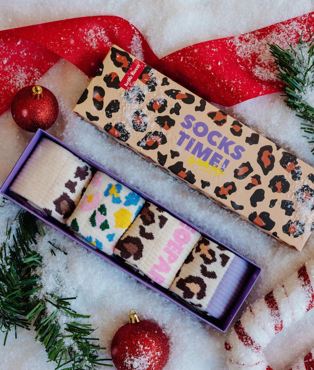 Set di calzini per bambini con motivo leopard, quattro paia in cofanetto Hello Hossy