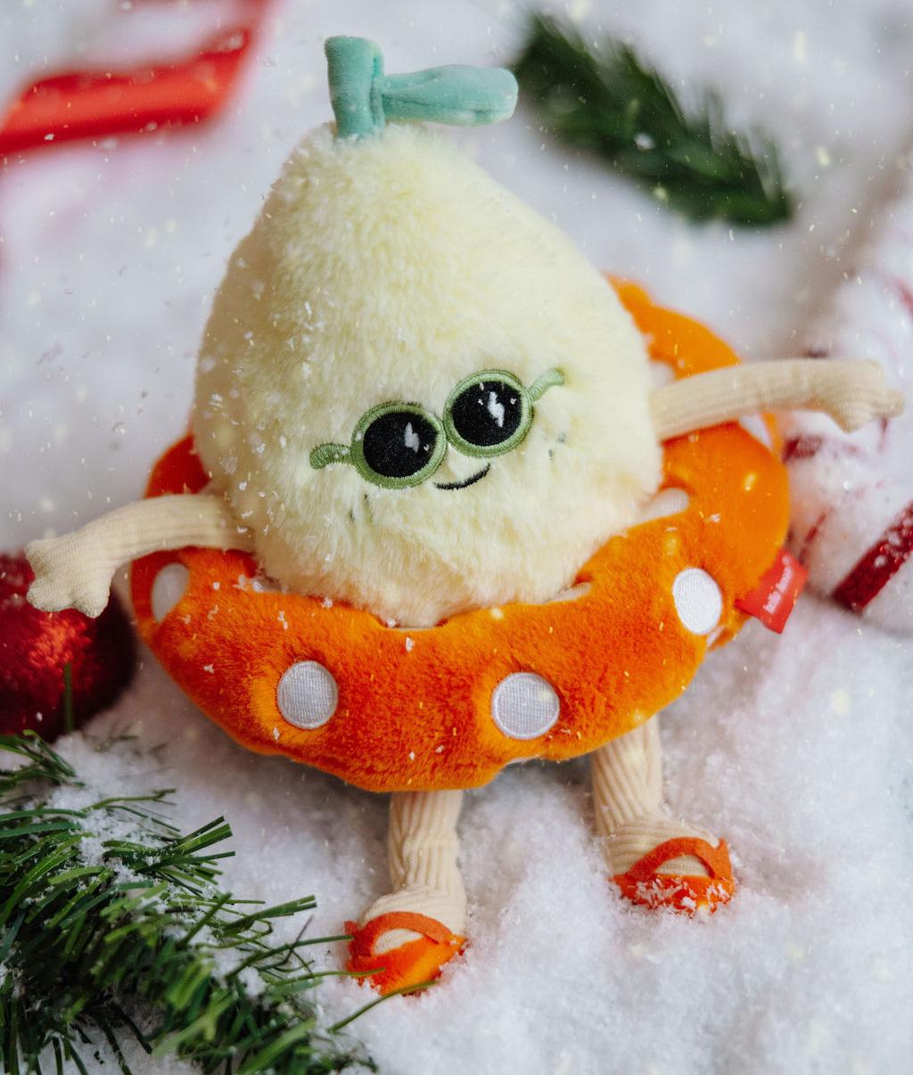 Peluche bambino giallo occhiali da sole tondi verdi e anello arancione Hello Hossy