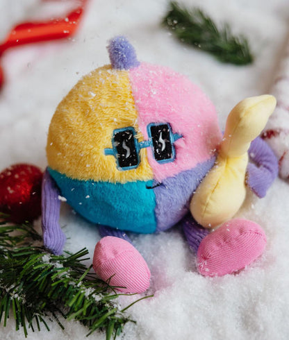 Peluche multicolore per bambini, dettagli viola, occhiali da sole neri Hello Hossy