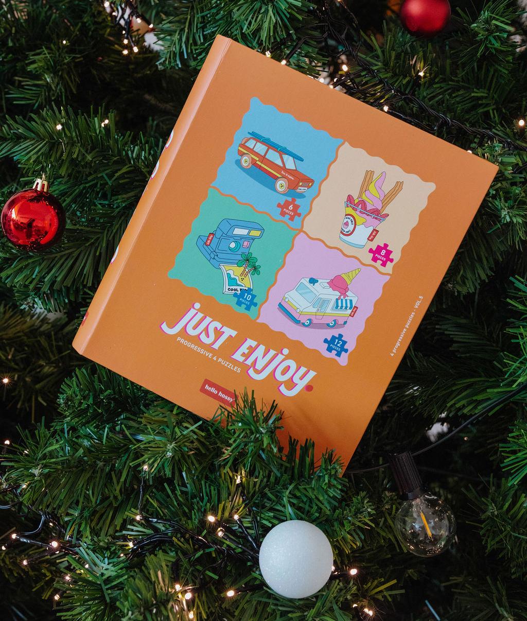 Set di puzzle per bambini scatola arancione con motivi di veicoli colorati Just Enjoy Hello Hossy