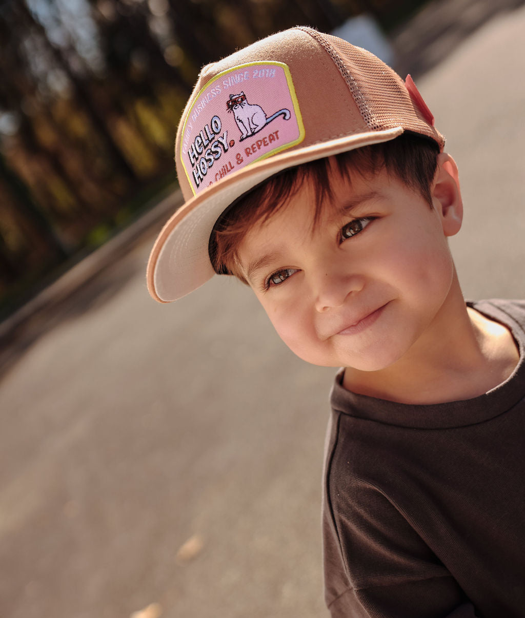 Cappellino bambino marrone visiera curva patch animali Hello Hossy