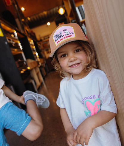 Cappellino bambino marrone visiera piatta patch gatto Hello Hossy