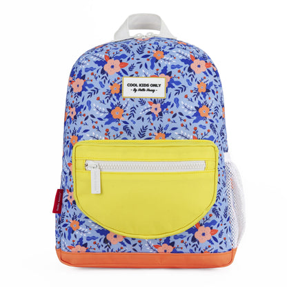 Zaino per bambini blu con motivo a fiori, tasca gialla Hello Hossy