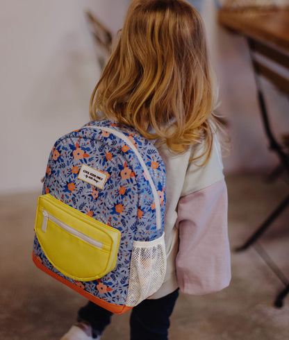 Zaino per bambini blu con motivo a fiori, tasca gialla Hello Hossy